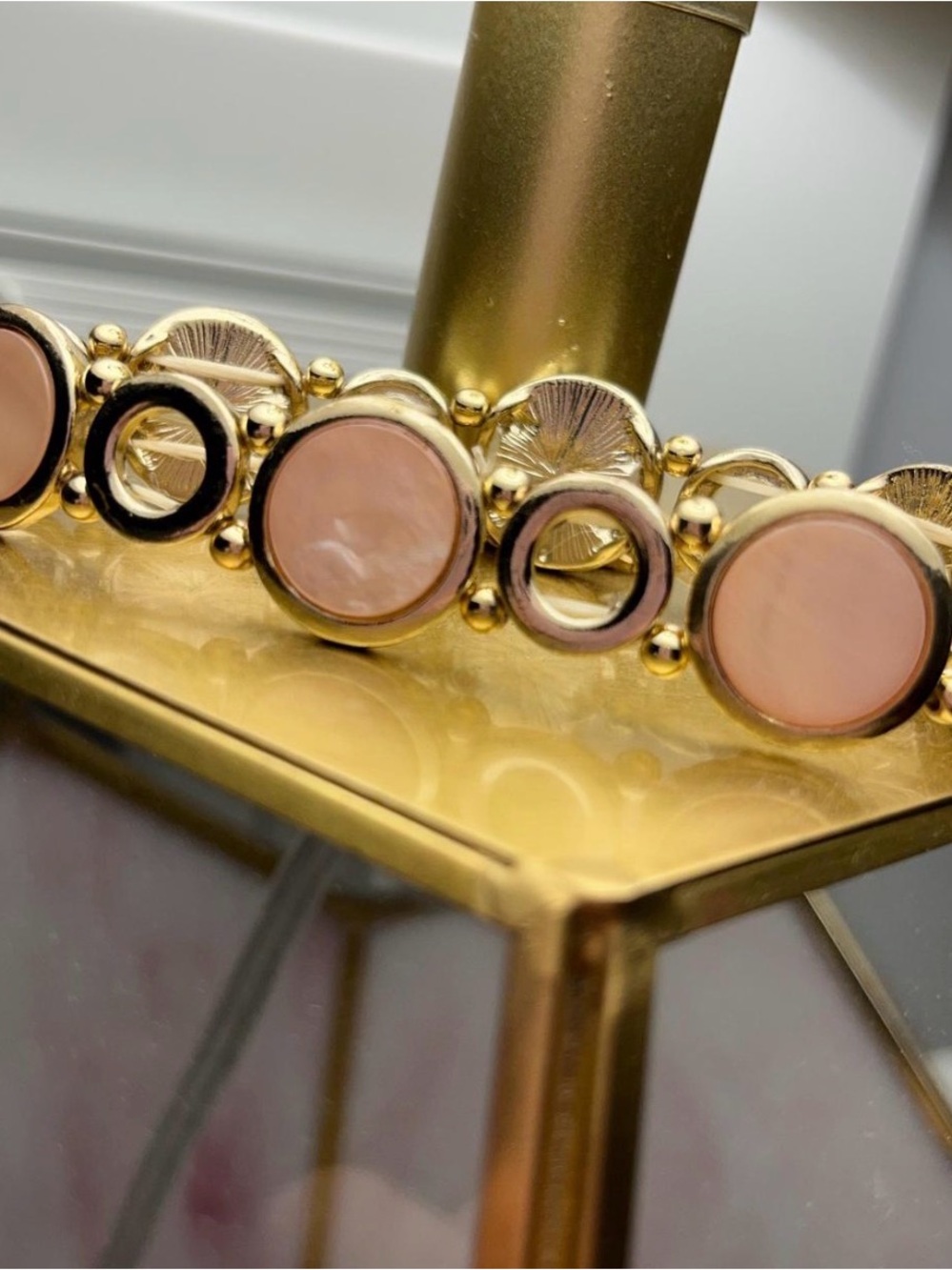 Gold-Tone Pink Resin Circle Link Bracelet